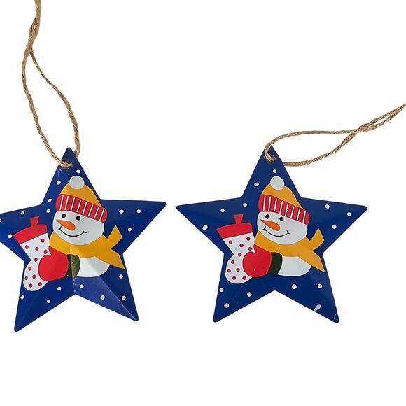 6 Christmas Star Metal Ornaments Blue Snowman Holiday Tree Hanging Decor 3" Lot - Picture 6 of 8